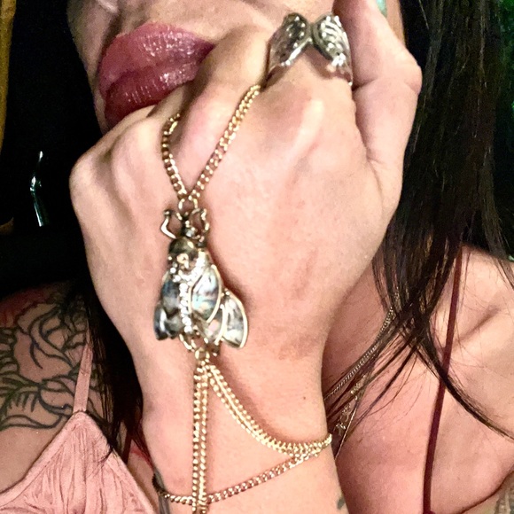 Gold & Abalone Iridescent Skull Moth Statement Hand Chain - Picture 3 of 14